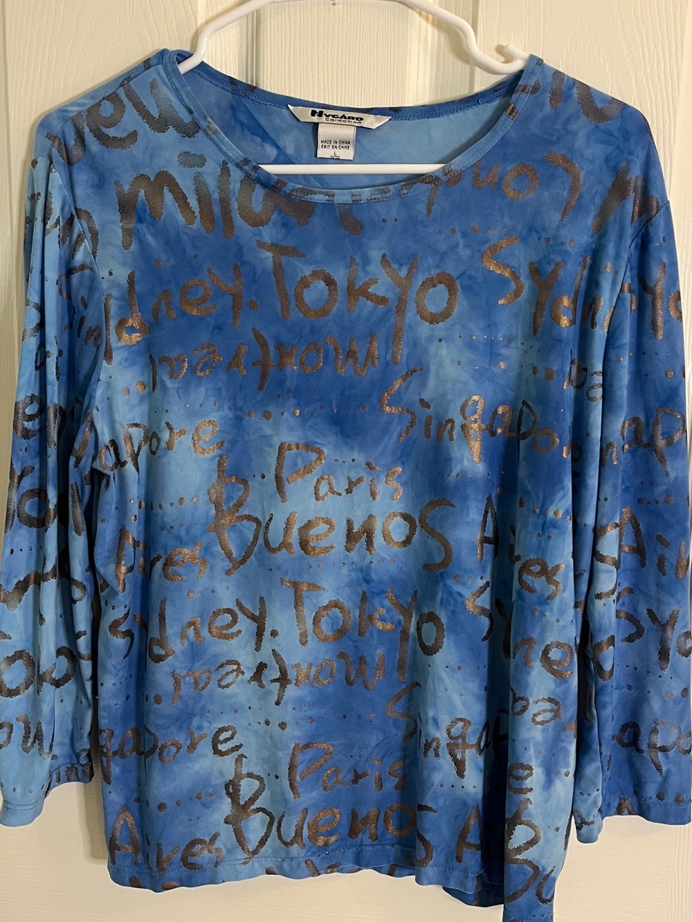 Blue Script Travel Print Long Sleeve Top